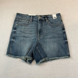 Judy Blue Denim Shorts Womens L Blue High Waist Tummy Control Top Raw Hem